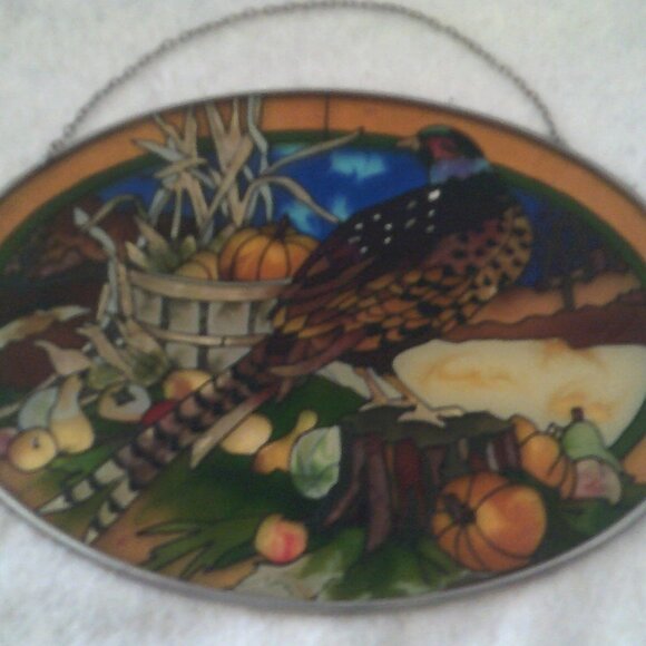JOAN BAKER STAINED Glass Hand Painted Suncatcher Pheasant with Pumpkins Gourds - Picture 1 of 3